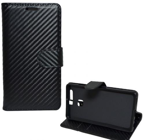 HUAWEI P9 Tok álló, bőr (FLIP, mágneses, oldalra nyíló, asztali tartó funkció, karbon minta) FEKETE	