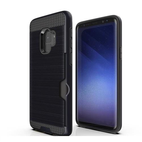 SAMSUNG Galaxy S9 (SM-G960) Műanyag telefonvédő (gumi / szilikon belső, közepesen ütésálló, bankkártya tartó, szálcsiszolt mintázat) FEKETE	