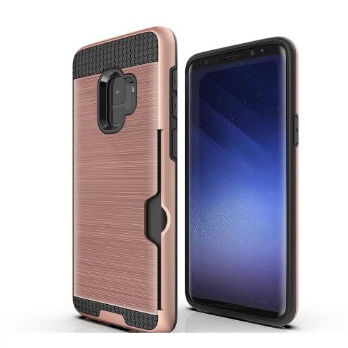 SAMSUNG Galaxy S9 (SM-G960) Műanyag telefonvédő (gumi / szilikon belső, közepesen ütésálló, bankkártya tartó, szálcsiszolt mintázat) ROZÉARANY	