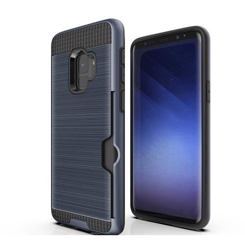 SAMSUNG Galaxy S9 (SM-G960) Műanyag telefonvédő (gumi / szilikon belső, közepesen ütésálló, bankkártya tartó, szálcsiszolt mintázat) SÖTÉTKÉK	