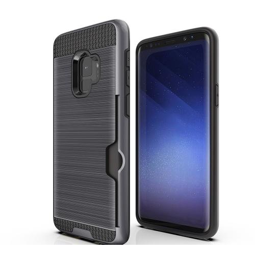 SAMSUNG Galaxy S9 (SM-G960) Műanyag telefonvédő (gumi / szilikon belső, közepesen ütésálló, bankkártya tartó, szálcsiszolt mintázat) SZÜRKE	