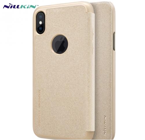 Apple iPhone X 5.8 / Apple iPhone XS 5.8 NILLKIN SPARKLE műanyag telefonvédő (mikroszálas bőr hatású flip, oldalra nyíló, logo kivágás) ARANY