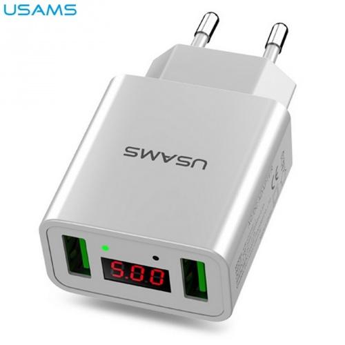 USAMS hálózati töltő 2 x USB aljzat (5V / 2200mA, LED kijelző, kábel nélkül) FEHÉR	