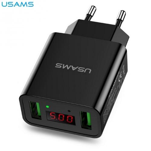 USAMS hálózati töltő 2 x USB aljzat (5V / 2200mA, LED kijelző, kábel nélkül) FEKETE	