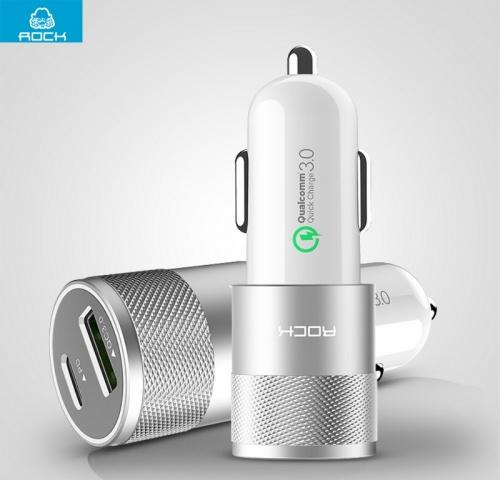 ROCK szivargyújtó töltő/autós töltő 2 x USB aljzat (5V/3000mA, Type-C, gyorstöltés támogatás) FEHÉR	