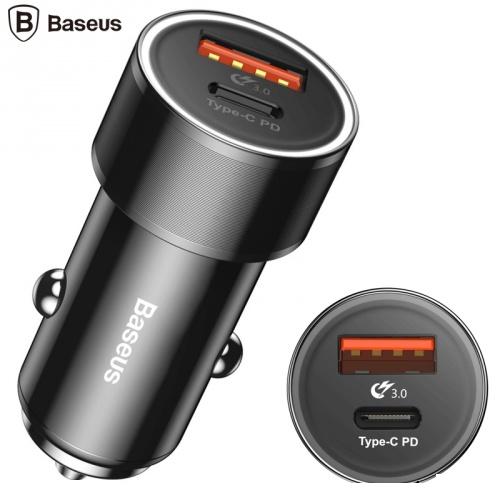 BASEUS szivargyújtó töltő/autós töltő 2 x USB aljzat (5V/3000mA, Type-C, gyorstöltés támogatás) FEKETE	