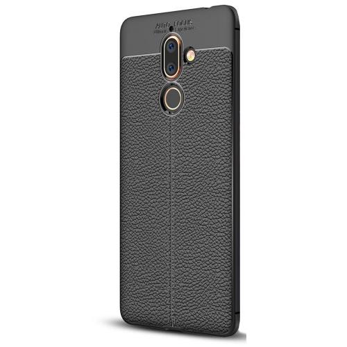 NOKIA 7 Plus Telefonvédő gumi / szilikon (bőrhatás, varrás minta) FEKETE	