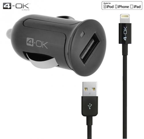 4-OK szivargyújtó töltő/autós töltő USB aljzat (Lightning 8pin,5V / 2400mA, MFi Apple engedélyes) FEKETE	