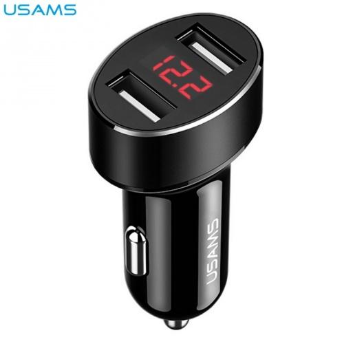 USAMS szivargyújtó töltő/autós töltő 2 x USB aljzat (1x 5V / 1000mA, 1x 5V / 2100mA, LED kijelző, kábel nélkül) FEKETE	