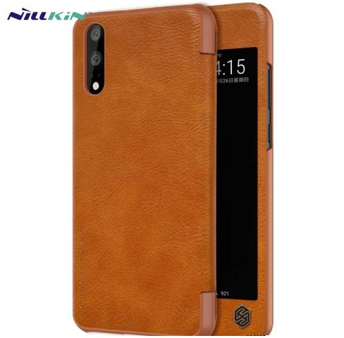 HUAWEI P20 NILLKIN QIN tok álló, bőr (aktív flip, oldalra nyíló, S-View Cover) BARNA	