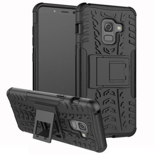 SAMSUNG Galaxy A8 (2018) SM-A530F Defender műanyag telefonvédő (közepesen ütésálló, gumi / szilikon belső, kitámasztó, autógumi minta) FEKETE	