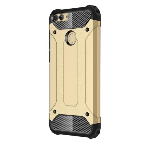 HUAWEI P Smart (Enjoy 7S) Defender műanyag telefonvédő (közepesen ütésálló, légpárnás sarok, gumi / szilikon belső, fémhatás) ARANY	