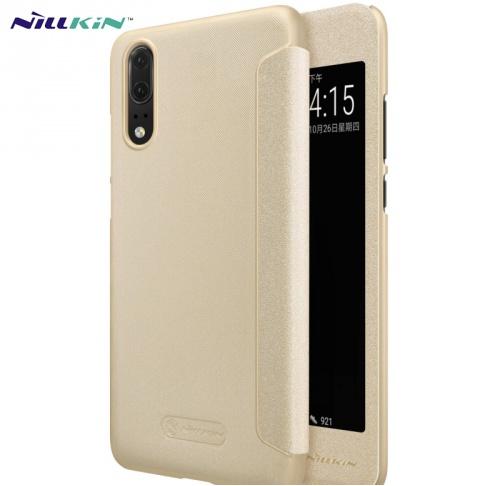 HUAWEI P20 NILLKIN SPARKLE műanyag telefonvédő (mikroszálas bőr aktív flip, oldalra nyíló, S-View Cover) ARANY	