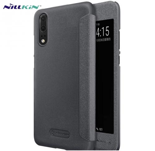 HUAWEI P20 NILLKIN SPARKLE műanyag telefonvédő (mikroszálas bőr aktív flip, oldalra nyíló, S-View Cover) FEKETE	