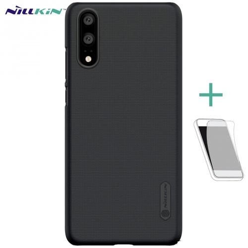HUAWEI P20 NILLKIN SUPER FROSTED műanyag telefonvédő (gumírozott, érdes felület, képernyővédő fólia, tisztítókendő) FEKETE	