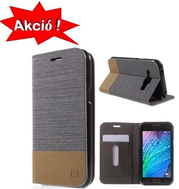 Samsung Galaxy J1 (SM-J100) Tok álló, bőr (FLIP, oldalra nyíló, bankkártya  tartó, asztali tartó funkció, textilminta) SZÜRKE