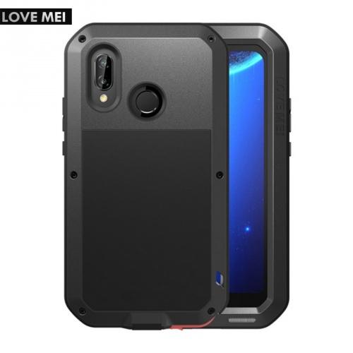 HUAWEI P20 Lite LOVE MEI Powerful defender telefonvédő gumi (ütésálló, Gorilla Glass üveg, fém keret) FEKETE	