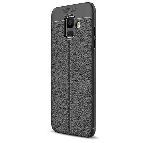 SAMSUNG Galaxy A6 (2018) SM-A600F Telefonvédő gumi / szilikon (bőrhatás, varrás minta) FEKETE	