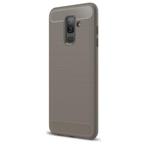 SAMSUNG Galaxy A6+ (2018) SM-A605F Telefonvédő gumi / szilikon (közepesen ütésálló, légpárnás sarok, szálcsiszolt, karbonminta) SZÜRKE	