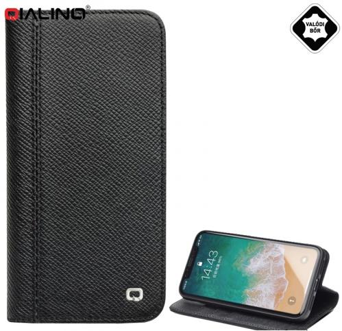 Apple iPhone X 5.8 / Apple iPhone XS 5.8 QIALINO tok álló, valódi bőr (aktív flip, oldalra nyíló, asztali tartó funkció, kivehető szilikon telefonvédő) FEKETE	