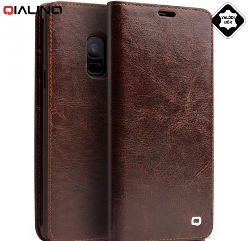 SAMSUNG Galaxy S9 (SM-G960) QIALINO tok álló, valódi bőr (FLIP, oldalra nyíló) BARNA	