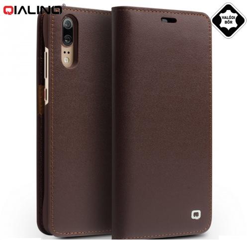 HUAWEI P20 QIALINO tok álló, valódi bőr (FLIP, oldalra nyíló) BARNA	