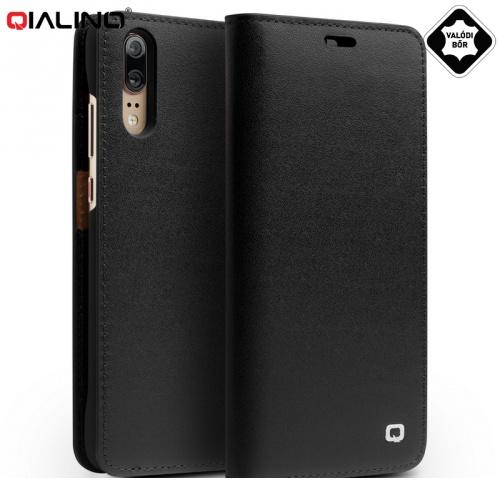 HUAWEI P20 QIALINO tok álló, valódi bőr (FLIP, oldalra nyíló) FEKETE	