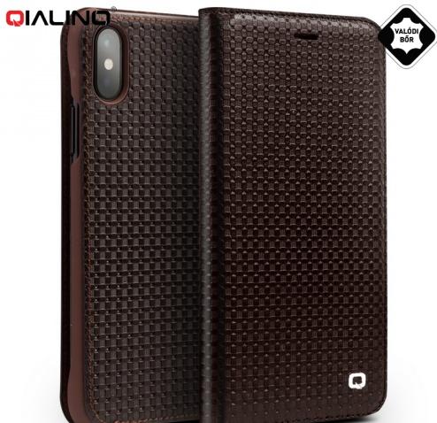 Apple iPhone X 5.8 / Apple iPhone XS 5.8 QIALINO tok álló, valódi bőr (FLIP, oldalra nyíló, fonott minta) BARNA	
