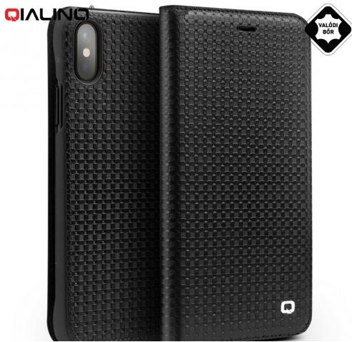 Apple iPhone X 5.8 / Apple iPhone XS 5.8 QIALINO tok álló, valódi bőr (FLIP, oldalra nyíló, fonott minta) FEKETE	