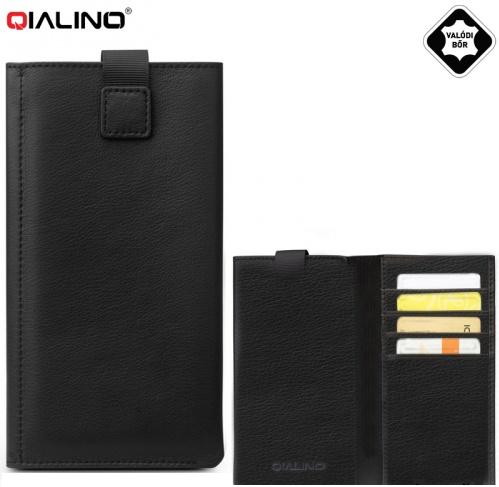 QIALINO tok álló, valódi bőr, POUCH (kihúzható, oldalra nyíló, univerzális, 5.8'' méret, pénztárca forma) FEKETE