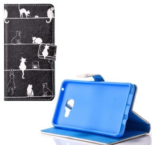 Samsung Galaxy A5 (2016) (SM-A510F) Tok álló, bőr (FLIP, oldalra nyíló, asztali tartó funkció, macskaminta) FEKETE/FEHÉR