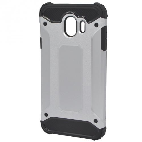 SAMSUNG Galaxy J4 (2018) J400F Defender műanyag telefonvédő (közepesen ütésálló, légpárnás sarok, gumi / szilikon belső, fémhatás) EZÜST	