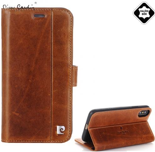 Apple iPhone X 5.8 / Apple iPhone XS 5.8 PIERRE CARDIN tok álló, valódi bőr (FLIP, mágneses, oldalra nyíló, asztali tartó funkció) BARNA	