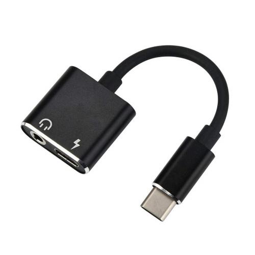 Audió adapter (elosztó, Type-C / Type-C, töltésre, 5V / 2100mA, 3.5 mm jack aljzat) FEKETE	