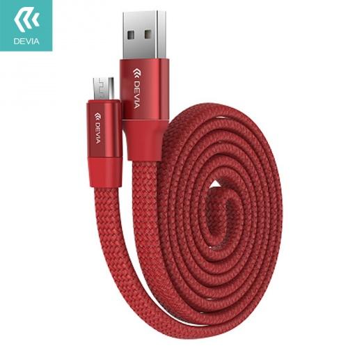 DEVIA RING Y1 adatátvitel kábel és töltő (microUSB, 80 cm, visszahúzó rugó, gyorstöltés támogatás, cipőfűző minta) PIROS