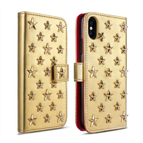 Apple iPhone X 5.8 / Apple iPhone XS 5.8 Tok álló, bőr hatású (FLIP, oldalra nyíló, asztali tartó funkció, 3D, csillag minta) ARANY