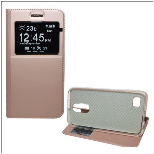 SAMSUNG Galaxy J6 (2018) J600F Tok álló, bőr (FLIP, oldalra nyíló, asztali tartó funkció, S-View Cover) ROZÉARANY	