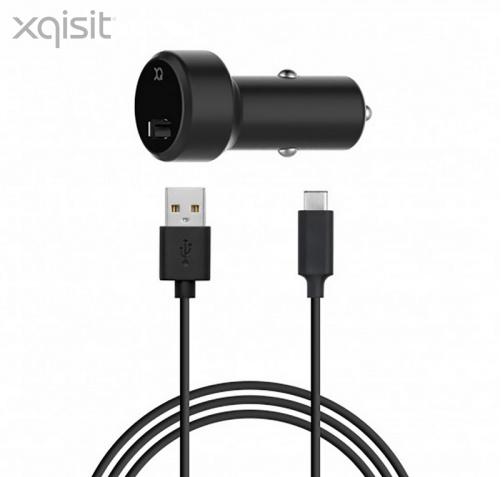 XQISIT szivargyújtó töltő/autós töltő USB aljzat (12/24 V/2400mA, gyorstöltés támogatás, Type-C kábel) FEKETE	