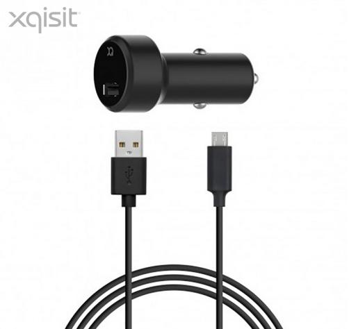 XQISIT szivargyújtó töltő/autós töltő USB aljzat (5V/2400mA, 12/24 V, gyorstöltés támogatás, microUSB kábel) FEKETE	