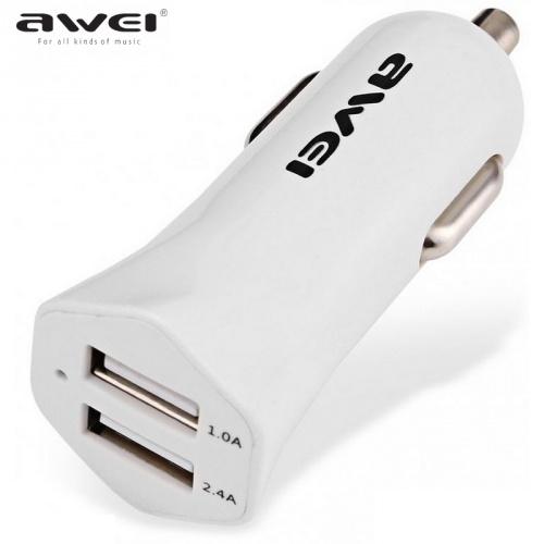 AWEI szivargyújtó töltő/autós töltő 2 x USB aljzat (5V/1000mA, 5V/2400mA, kábel nélkül) FEHÉR	