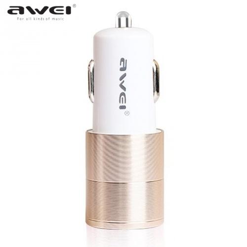 AWEI szivargyújtó töltő/autós töltő 2 x USB aljzat (5V/1000mA, 5V/2400mA, kábel nélkül) ARANY	