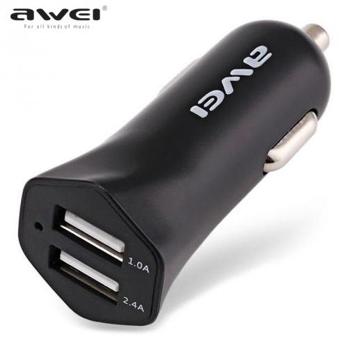 AWEI szivargyújtó töltő/autós töltő 2 x USB aljzat (5V/1000mA, 5V/2400mA, gyorstöltés támogatás, kábel nélkül) FEKETE	