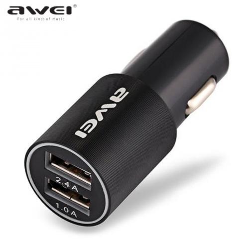 AWEI szivargyújtó töltő/autós töltő 2 x USB aljzat (5V/1000mA, 5V/2400mA, gyorstöltés támogatás, kábel nélkül) FEKETE	