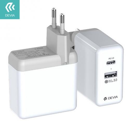 DEVIA PD hálózati töltő 2xUSB aljzat (1x1500 mAh, 1x2300 mAh, Type-C aljzat, Type-C kábel, gyorstöltés támogatás) FEHÉR	