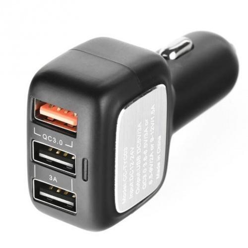 Szivargyújtó töltő/autós töltő 3 x USB aljzat (2x 5V / 3000mA, 1x 9V/2000mA, gyorstöltés támogatás, QC támogatás) FEKETE	