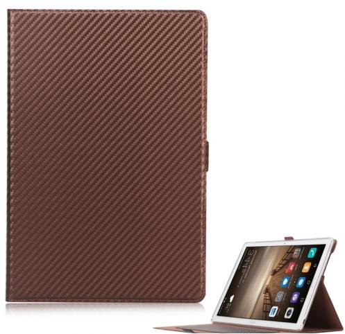 HUAWEI MediaPad M5 10.8 LTE /HUAWEI MediaPad M5 10.8 WIFI Tok álló, bőr (FLIP, mágneses, oldalra nyíló, asztali tartó funkció, karbon minta) BARNA	
