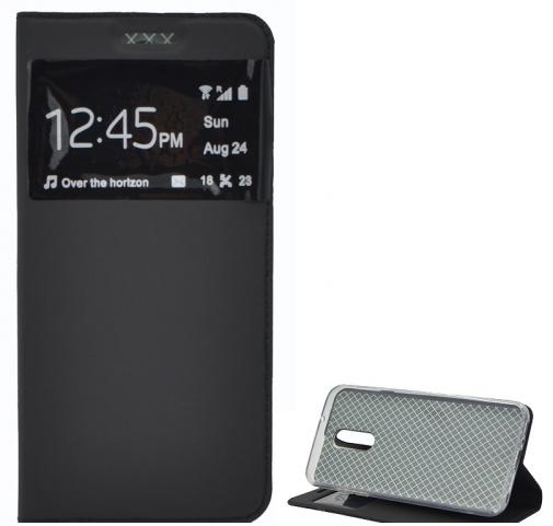 LG Q7 (X210) Tok álló, bőr (FLIP, oldalra nyíló, asztali tartó funkció, S-View Cover) FEKETE	