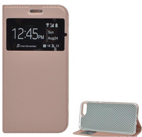 HUAWEI Y6 (2018) Tok álló, bőr (FLIP, oldalra nyíló, asztali tartó funkció, S-View Cover) ROZÉARANY	