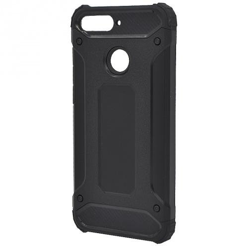 HUAWEI Y6 Prime (2018) Defender műanyag telefonvédő (közepesen ütésálló, légpárnás sarok, gumi / szilikon belső, fémhatás) FEKETE	