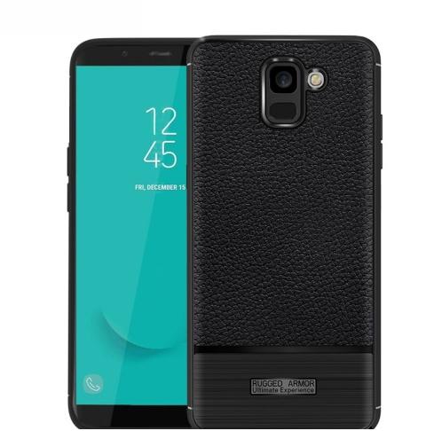 SAMSUNG Galaxy J6 (2018) J600F Telefonvédő gumi / szilikon (közepesen ütésálló, bőrhatás, szálcsiszolt) FEKETE	